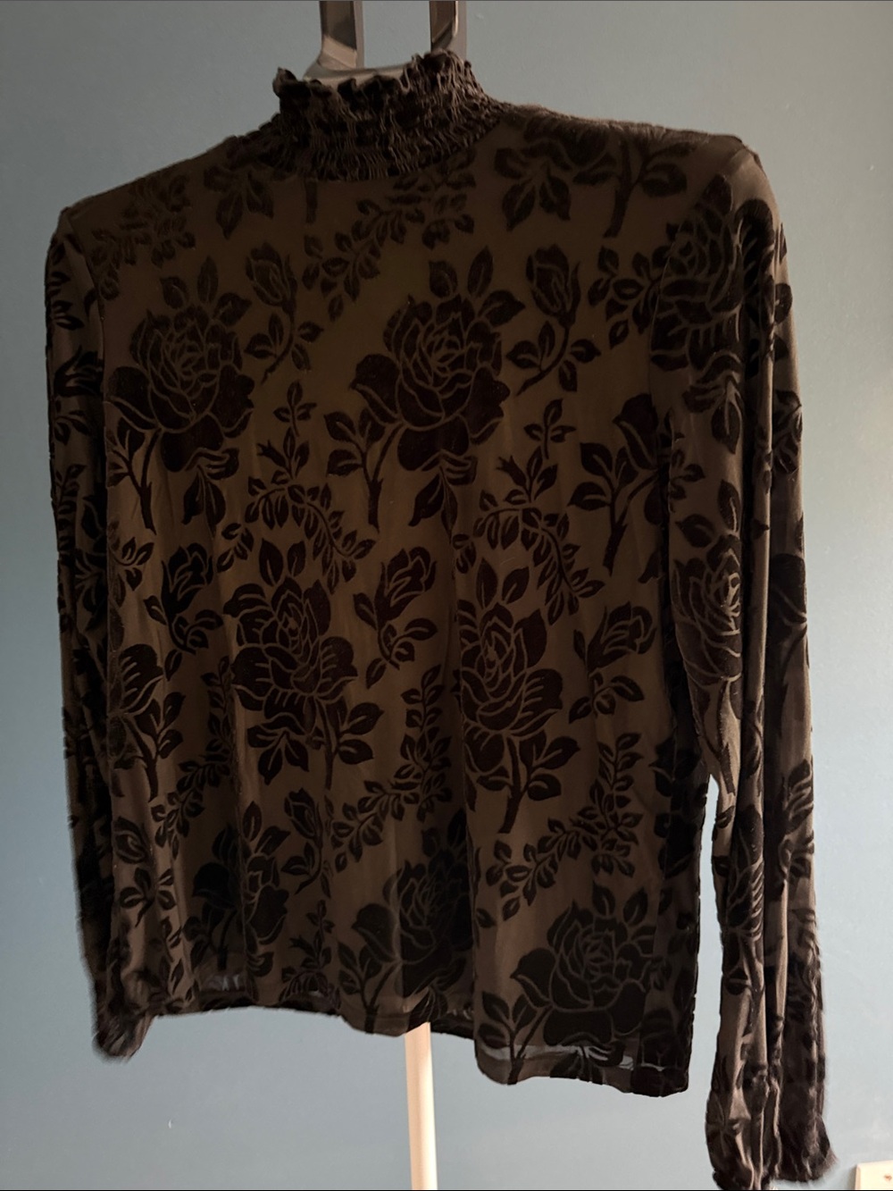 Black Floral Velvet Burnout Mock Neck Top velvet floral is black rest looks gray